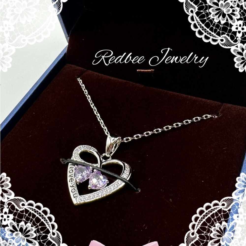 NIB Redbee 18k white GP over s925 “I Love You”, two purple CZ diamonds necklace!